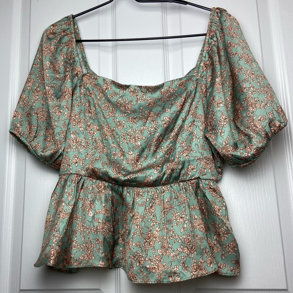 Altar'd State Mint Green & Brown Floral Puff Sleeve Tie Back Crop Blouse Size L